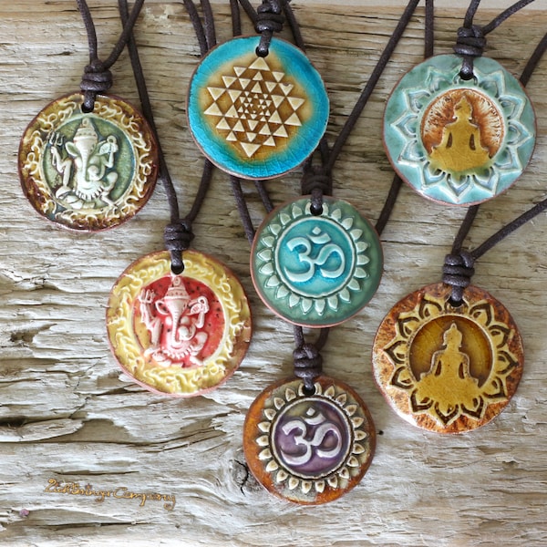 Neclays clay amulet * India yoga motifs * ceramic jewelry pendant - necklace: vegan * natural * handmade