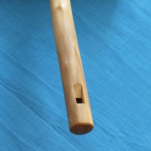 May include: A wooden flute with a single finger hole. The flute is brown and has a natural wood finish.
