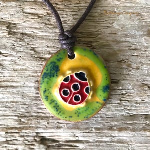 May include: A round ceramic pendant necklace featuring a green, yellow and red ladybug design. The necklace is on a brown cord.