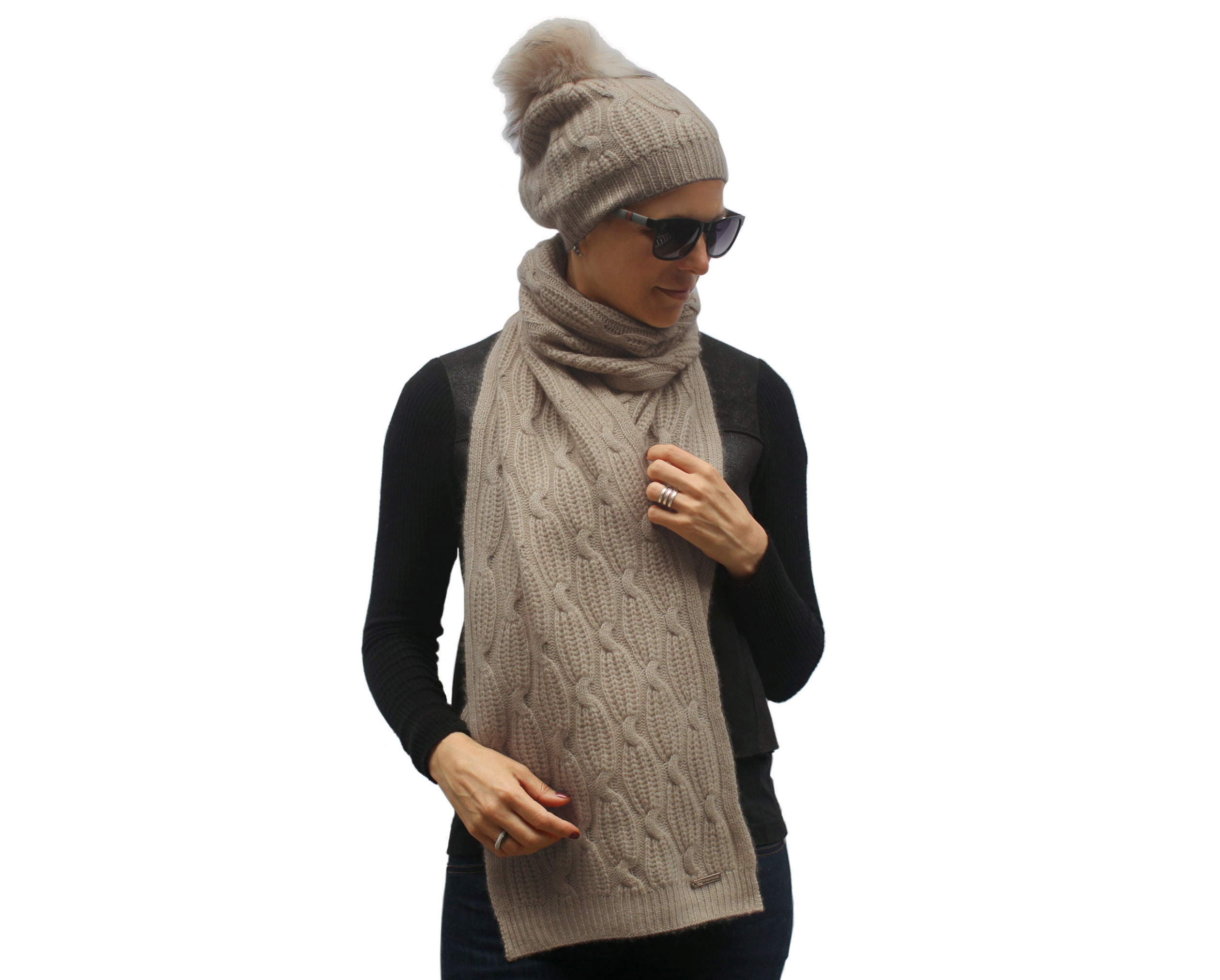 Women's 100 Cashmere Cable Knit Scarf and Pompom Hat Winter Set Extra