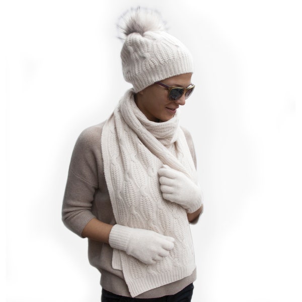 FRUGESS 100% Cashmere Cable Knit Scarf, Pom-pom Hat And Gloves Set for Women Extra Warm