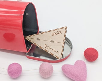 Paper Airplane Valentine - Love Letter, Custom Keepsake, Kid's Handwriting, Hand Drawn, Personalized Name, Grandparents Gift, Wood Engraved