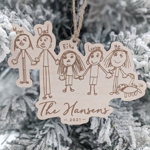 Family Ornament, Your Child's Christmas Keepsake, Kid's Handwriting, Drawing, Artwork, Personalized Name, Grandparents Gift, Wood Engraved