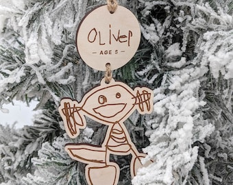 Your Child's Doodle Ornament, Christmas Keepsake, Kid's Handwriting, Drawing, Artwork, Personalized Name, Grandparents Gift, Wood Engraved