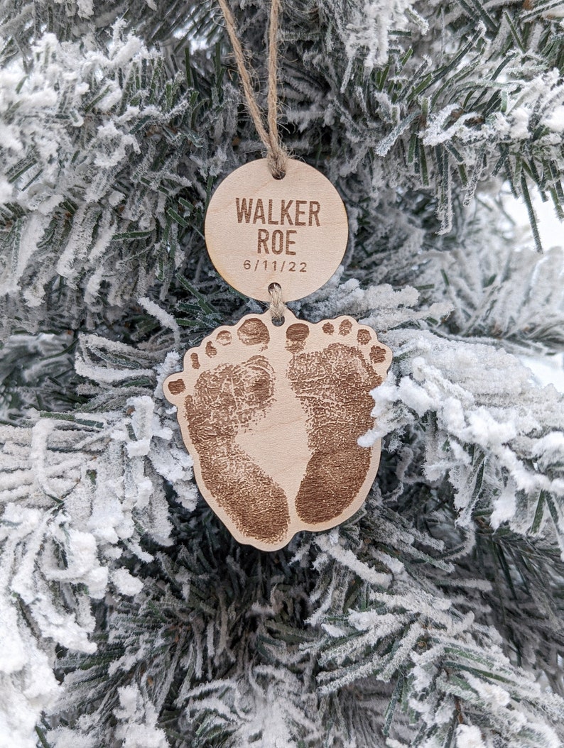 Baby Footprint Ornament Actual Footprint Size, Personalized Newborn Keepsake, Babys First Christmas Ornament, Grandparent Gift Maple Wood