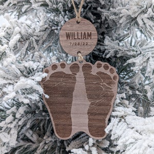 Baby Footprint Ornament Actual Footprint Size, Personalized Newborn Keepsake, Babys First Christmas Ornament, Grandparent Gift Walnut Wood
