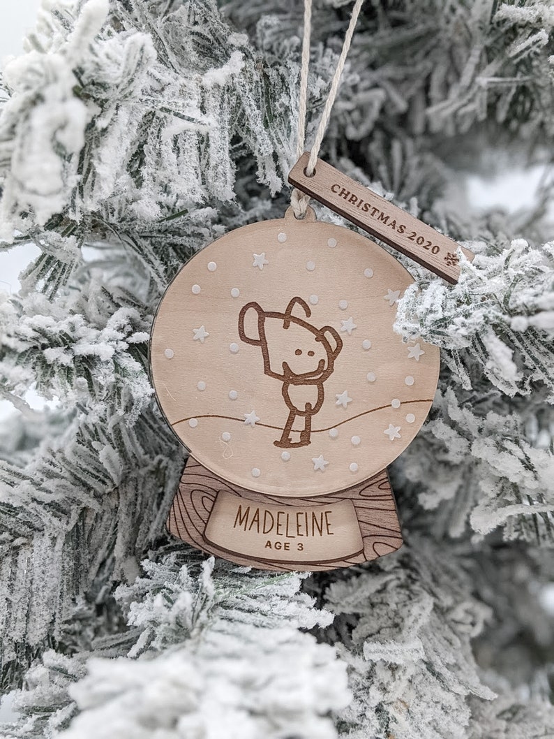 Snow Globe Christmas Keepsake Handwritten Your Child/'s Drawing Ornament Kid/'s Handwriting Artwork Personalized Name Wood Engraved