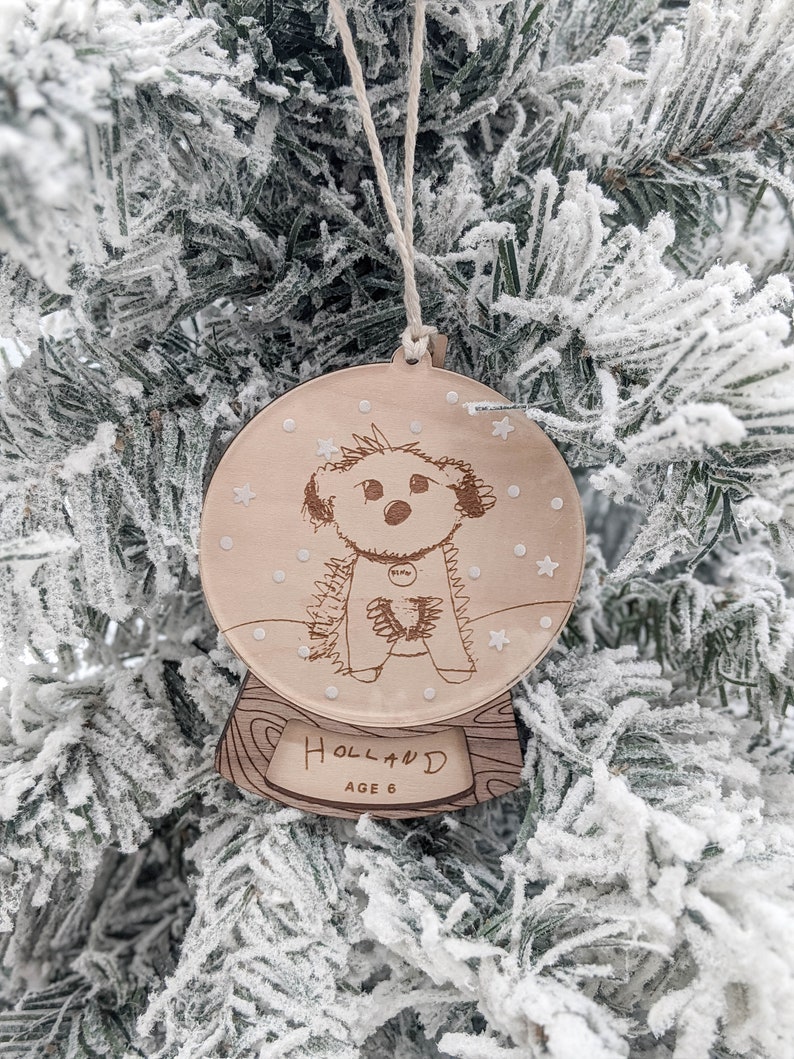 Snow Globe Christmas Keepsake Handwritten Your Child/'s Drawing Ornament Kid/'s Handwriting Artwork Personalized Name Wood Engraved