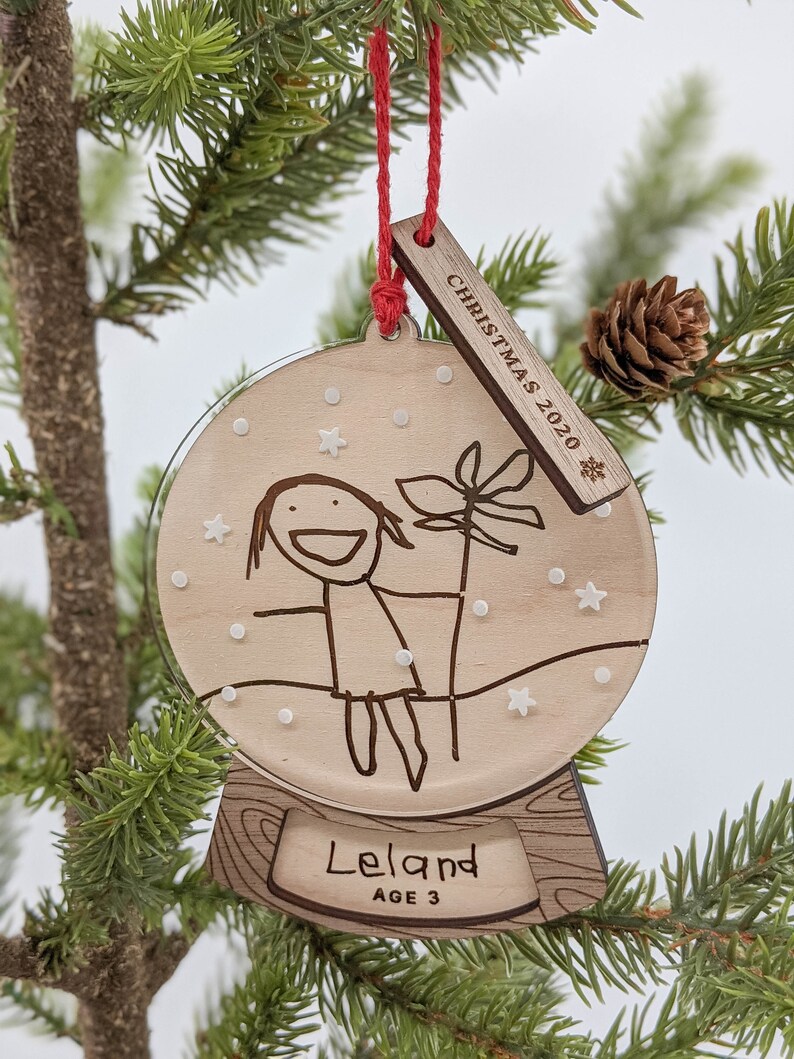 Snow Globe Christmas Keepsake Handwritten Your Child/'s Drawing Ornament Kid/'s Handwriting Artwork Personalized Name Wood Engraved