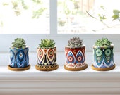 Set of 4 Handmade Ceramic Small Plant Pots, Colorful Pattern Succulent Plant Pot, Planter Flower Pot with Bamboo Tray