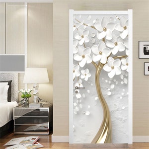 Self-Adhesive Door Sticker 3D Stereo White Flowers Mural Wallpaper Living Room Bedroom Home Decor Door Poster Waterproof Sticker