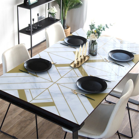 Imitation Marble Gold PVC Soft Glass Waterproof Oil-proof Heat-resistant  Table Mat Odorless Tablecloth Customize Table Protector 