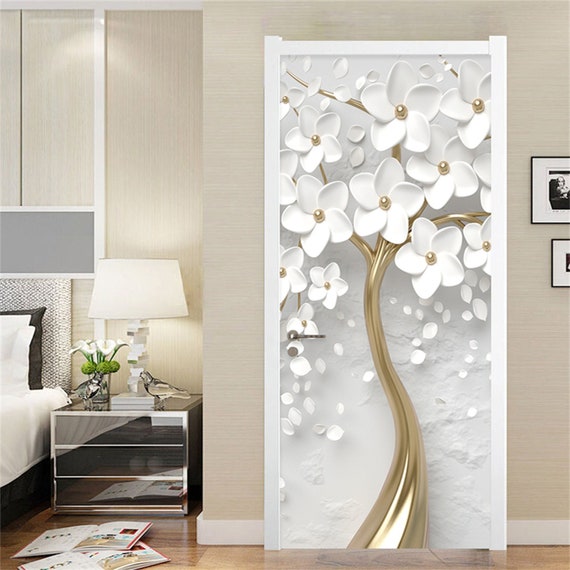 Autocollant de porte autocollant 3D Stéréo Fleurs blanches Murale