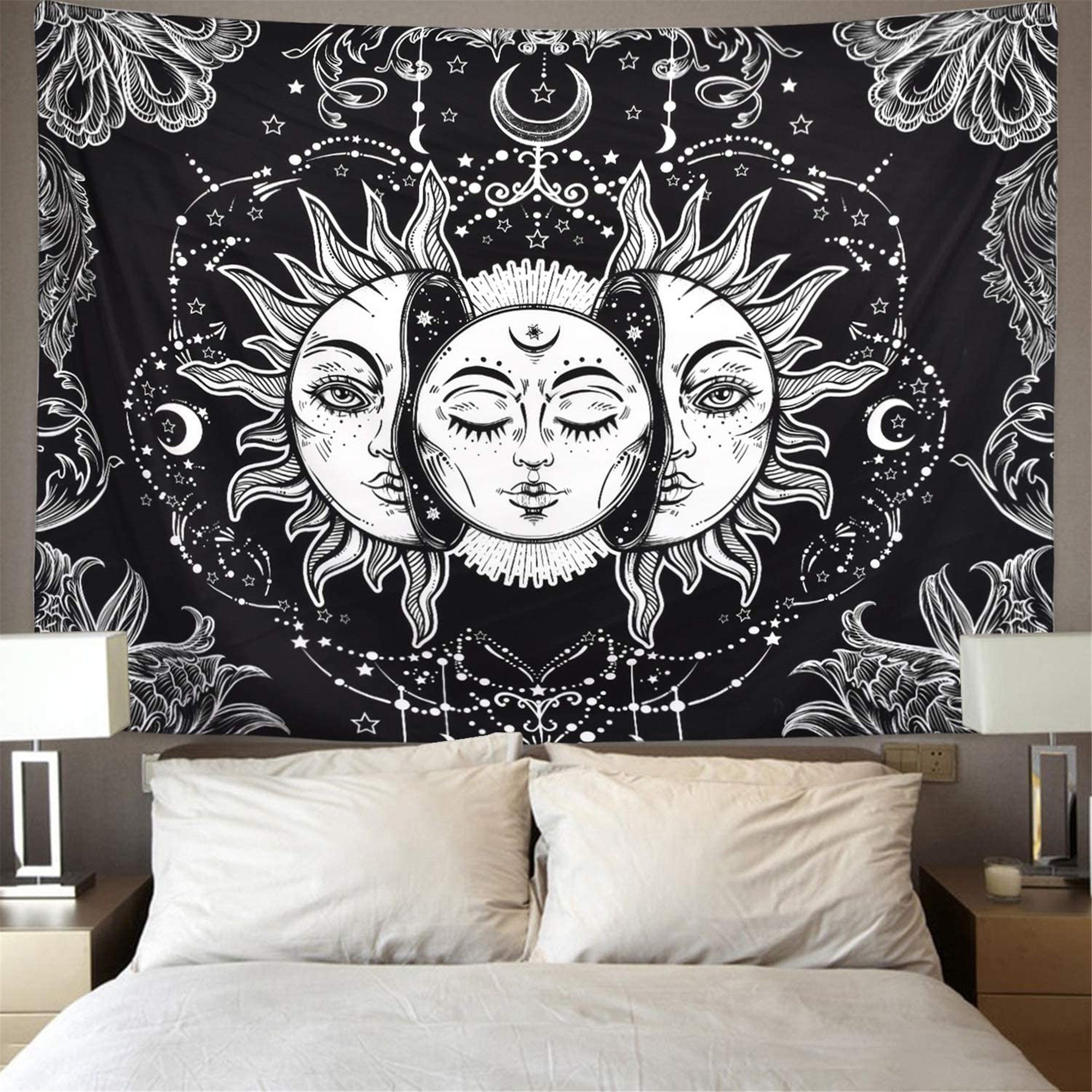 Discover Sun and Moon Tapestry Burning Sun with Star Tapestry Psychedelic Tapestry Black and White Mystic Tapestry Wall Hanging