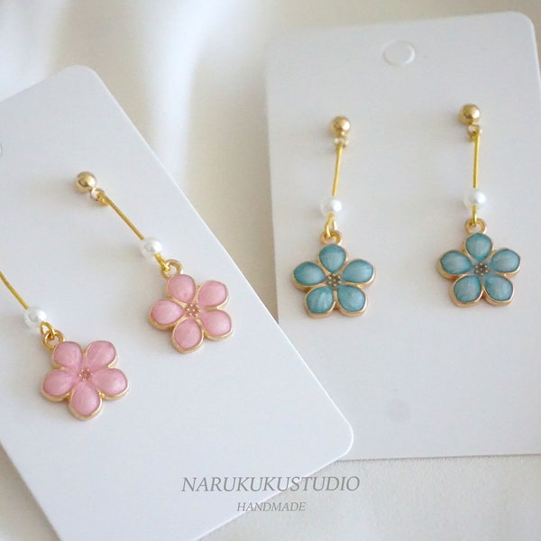 Cute Little Blue Pink Flower Earrings Stud Handmade Gift Kawaii Dangle Earrings Asian Style