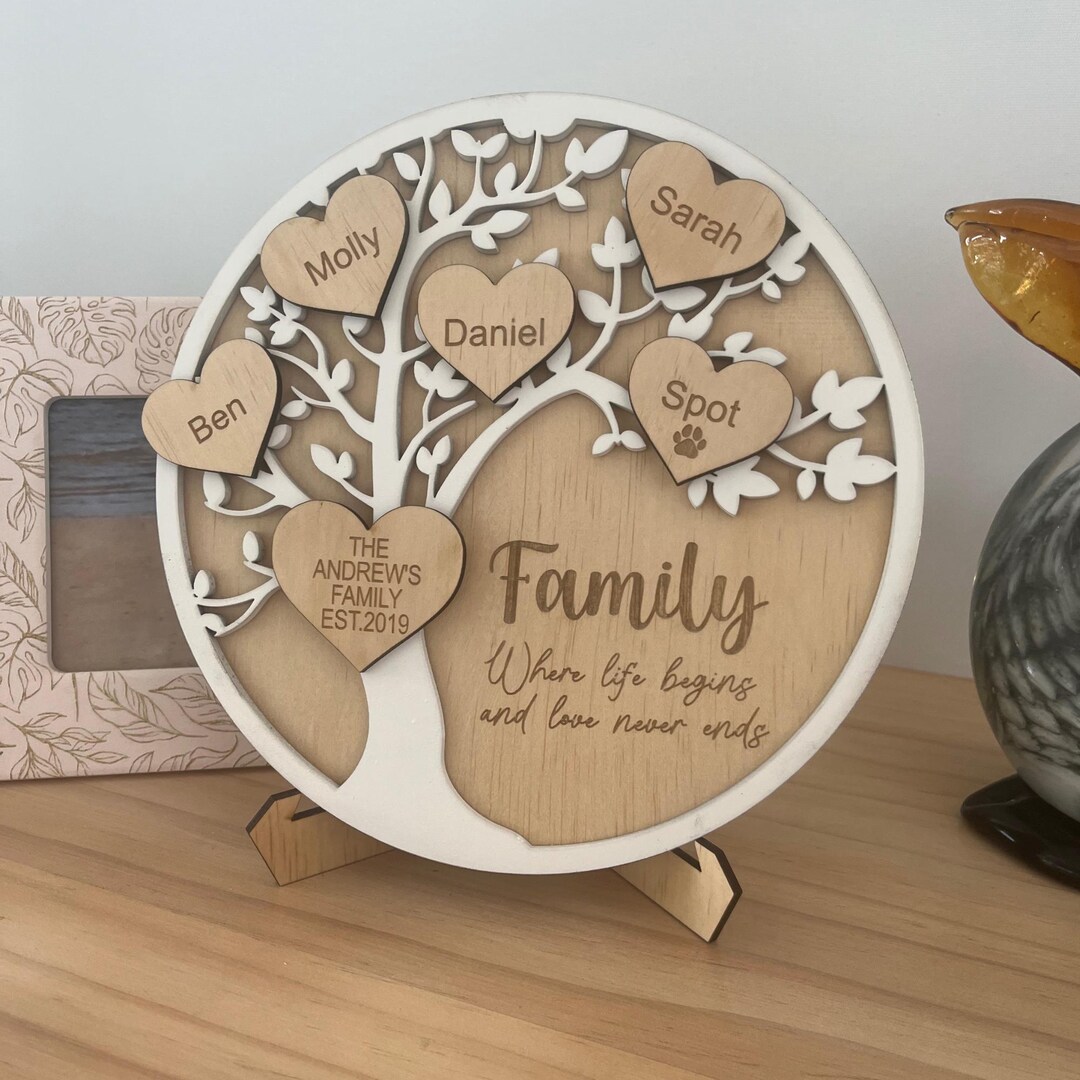 Personalized Wooden Family Tree With Engraved Hearts - Christmas Gift ...