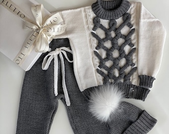Kleinkind-Baby-Wollstrickanzug – Grobstrickpullover, Hose und Bommelmütze