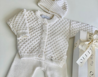 Conjunto de punto para bebé - Chaqueta blanca para bebé - Ropa de lana para bebé - Conjunto para recién nacido - Conjunto para recién nacido - Prendas de punto para bebé - Regalo para recién nacido - Eletto baby - Bebé