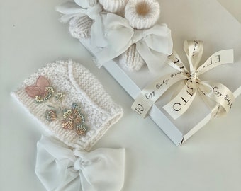 Baby Girl Knitted Bonnet and Booties With Embroidery and Bows, Newborn Photo Prop Gift