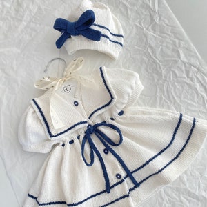 Baby sailor dress - Baby girl outfit - Baby summer wear - Summer kids knitwear - Girls wear - White blue baby set - Girls dress -Eletto baby