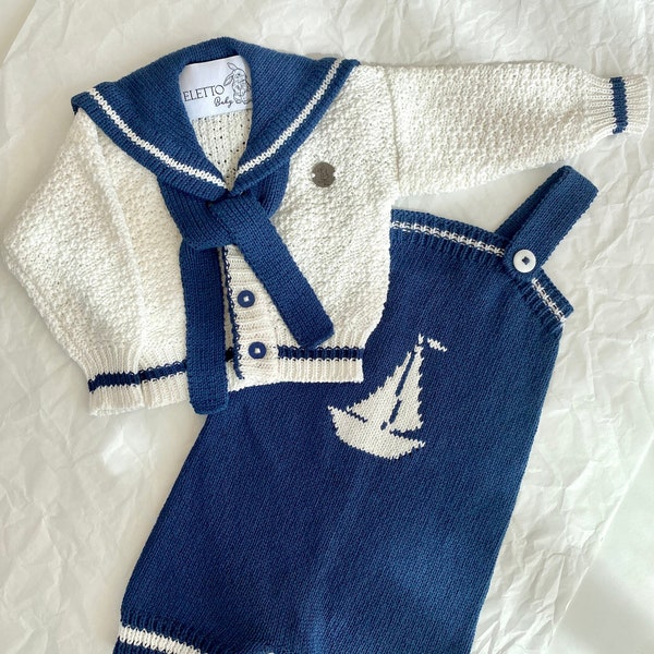 Baby Jungen Matrosen Outfit - Marineblauer Matrosenanzug für Jungen - Baby nautisches Set - Jungen weiß blauer Anzug - Kleiner Junge Marine Matrose - Matrosen Strickjacke