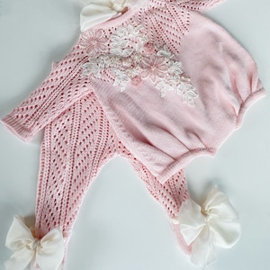 Baby girl romper - Baby photo prop - Baby girl tights - Baby tights with bow - Baby pink romper - Knitted baby wear - Eletto baby - Fashion