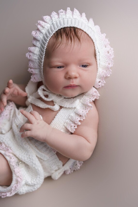 Baby Girl Set Baby Romper Baby Bonnet and Booties Knitted