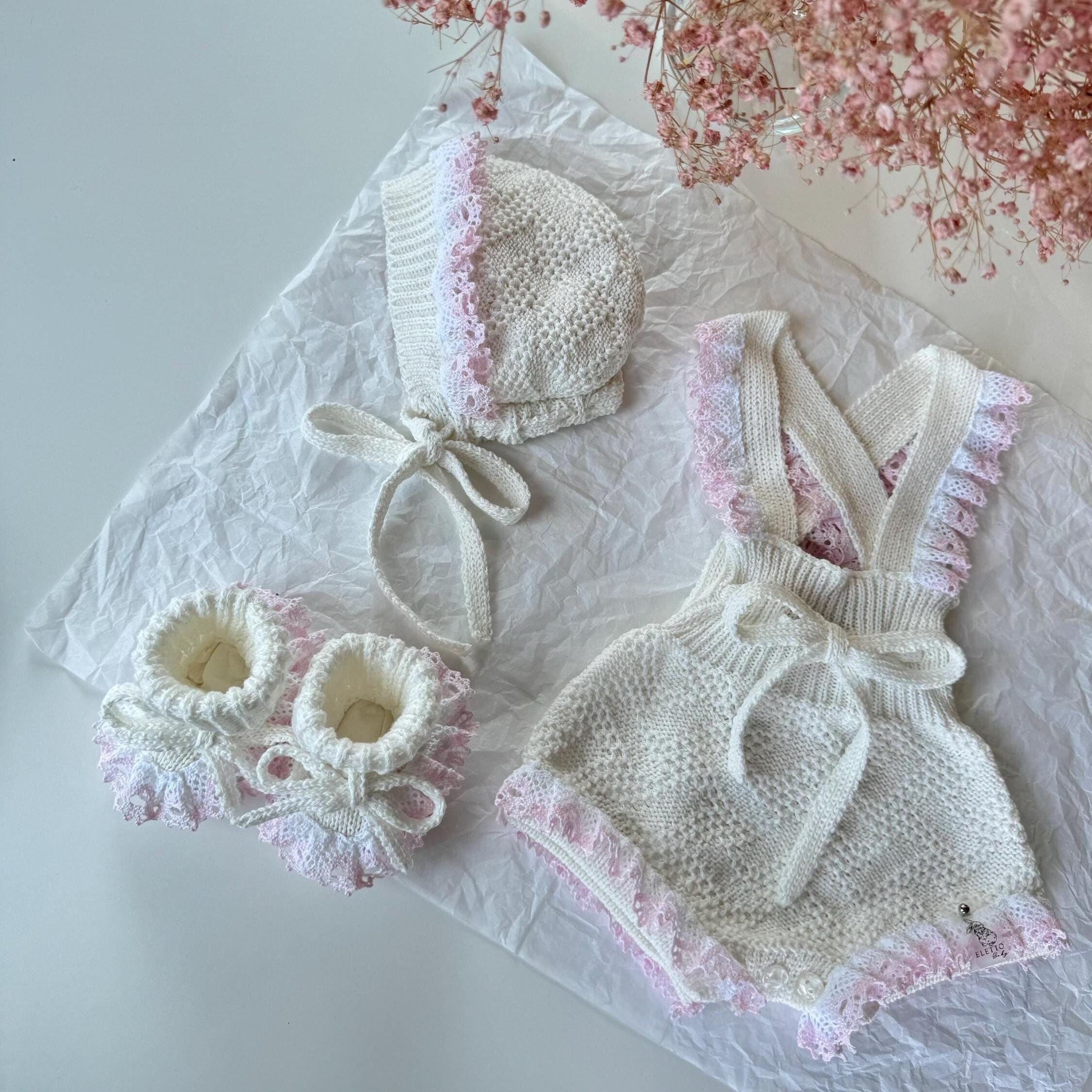 Baby Girl Set - Baby Romper - Baby Bonnet and Booties - Knitted