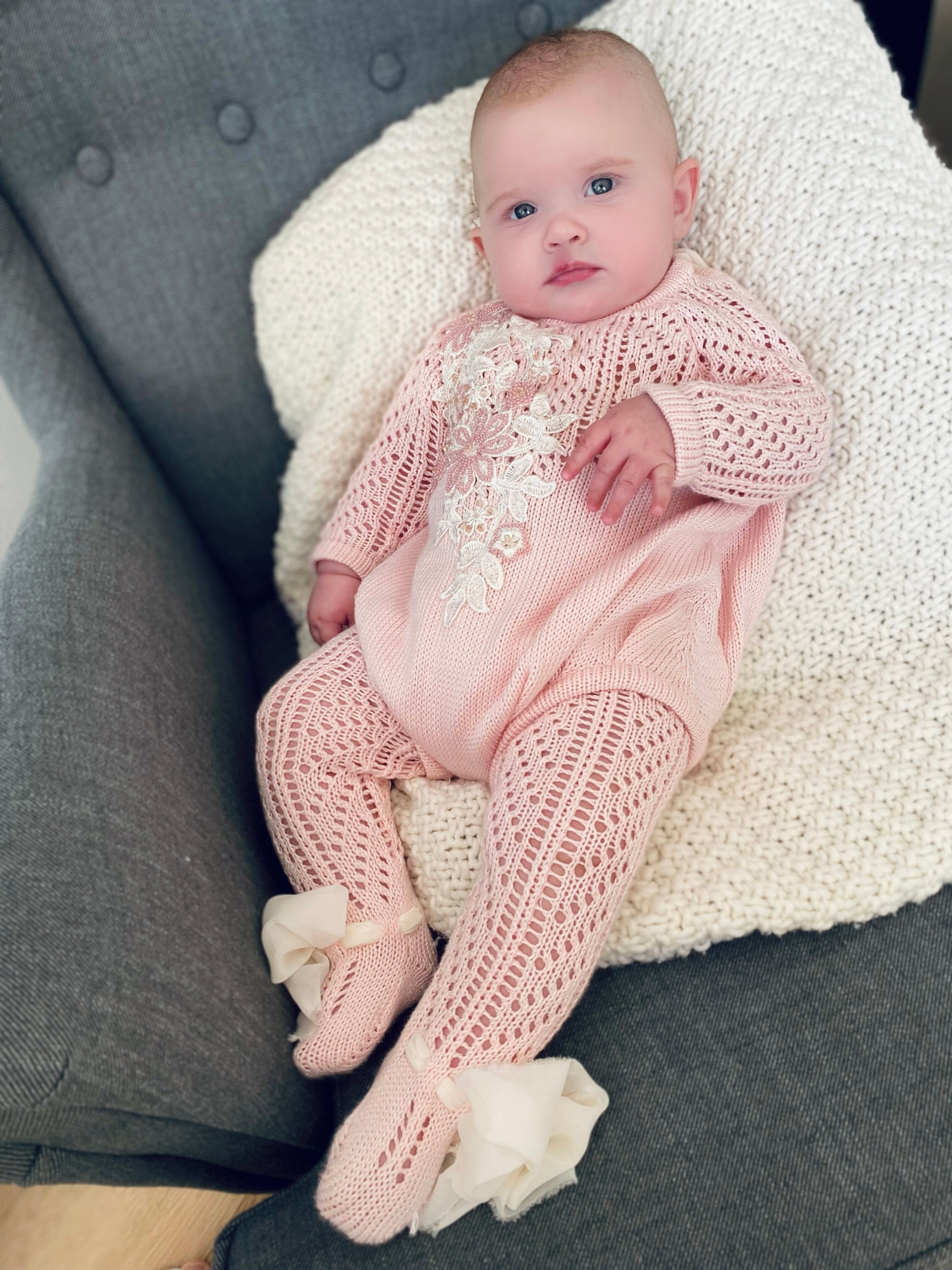 Baby Girl Knitted Romper – Soft Acrylic Jumpsuit With Collar & Bows, 0-12 Months, Winter Outfit