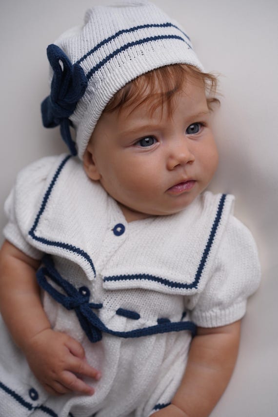 Baby girl knitted sailor outfit: dress, and hat - Newborn nautical set - White and blue marine summer knitwear