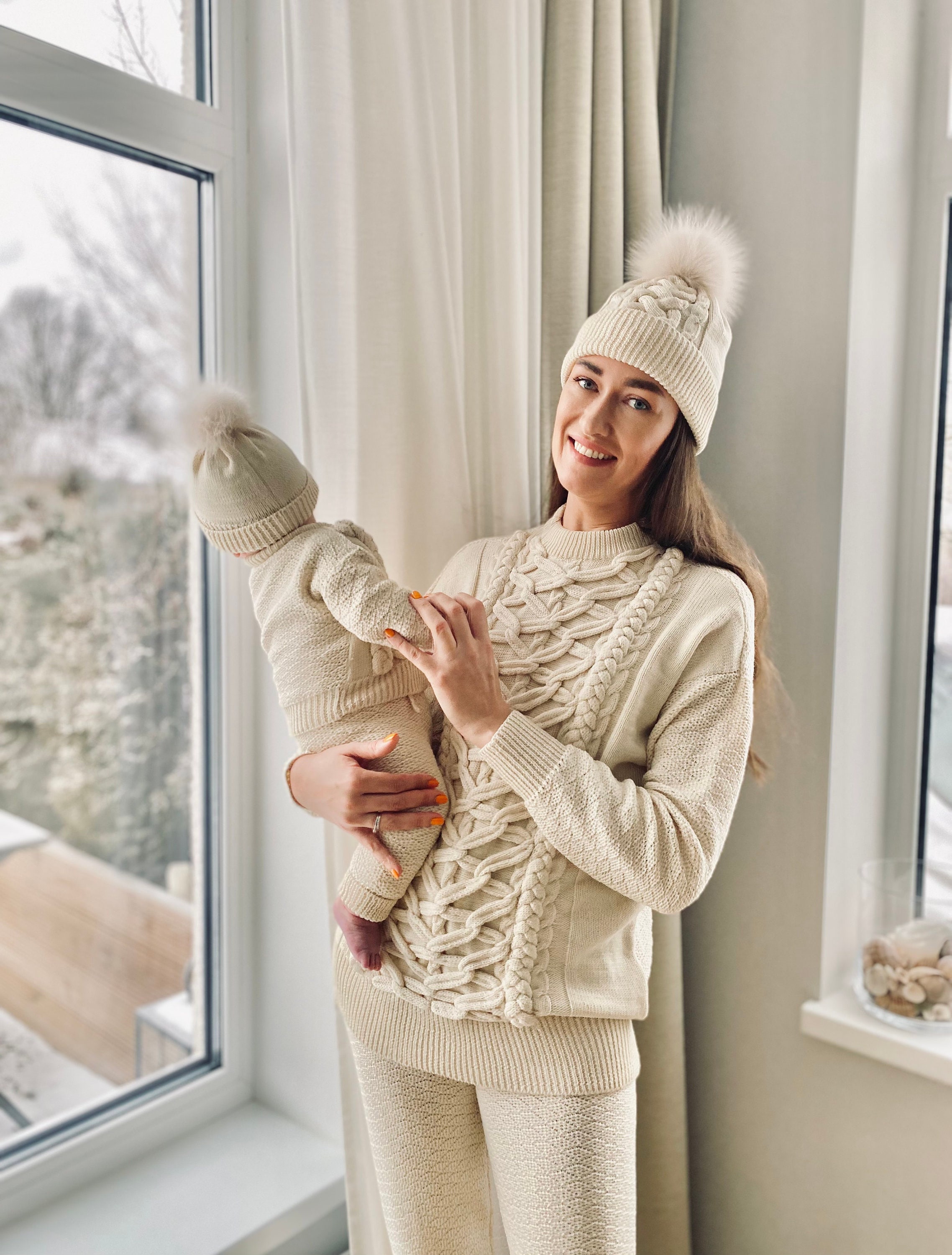 Matching Mother and Baby Knitted Outfits: Chunky Knit Sweater