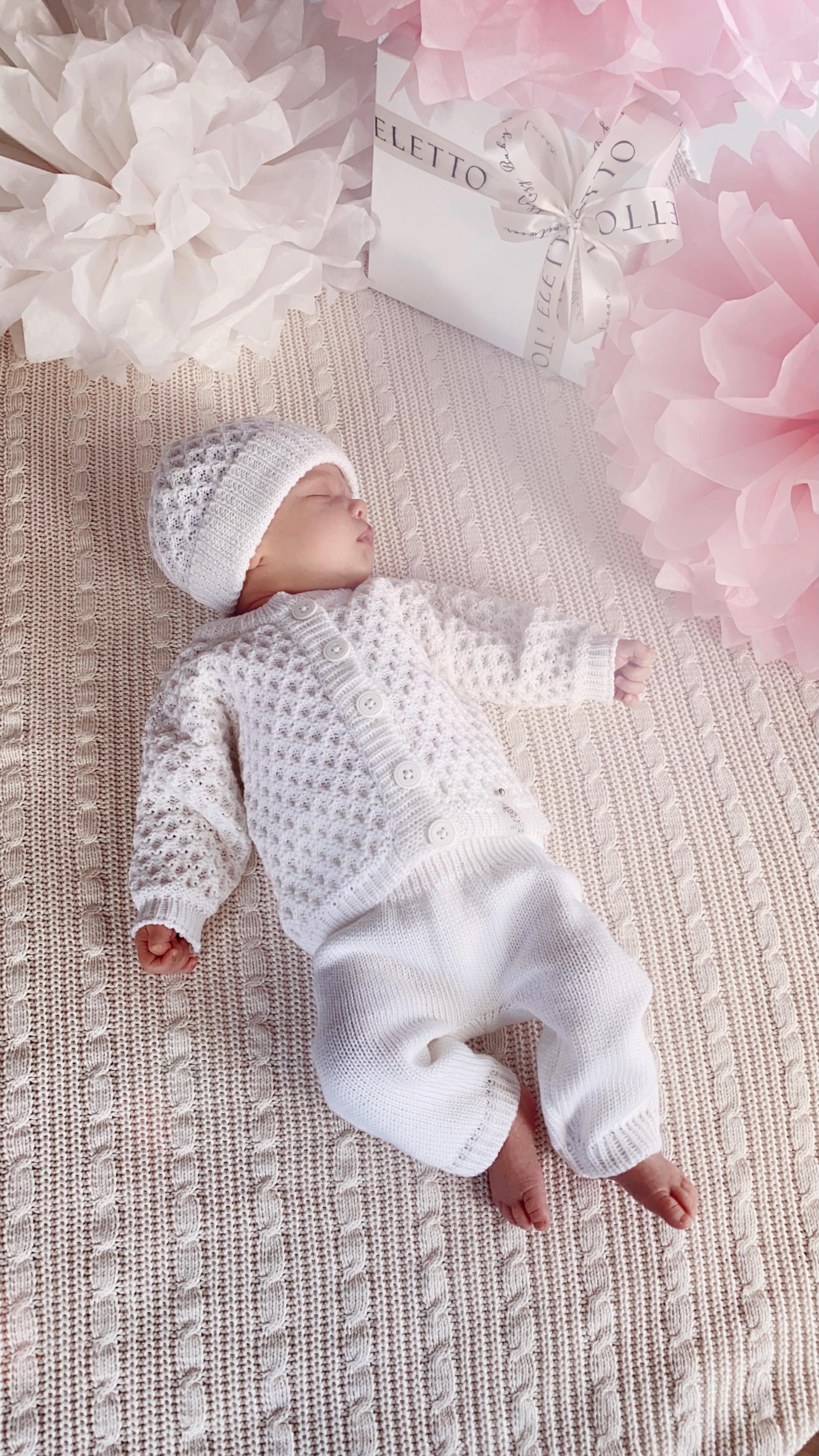 Baby Knitted Set: Jacket, Pants, and Hat - White Cotton Newborn
