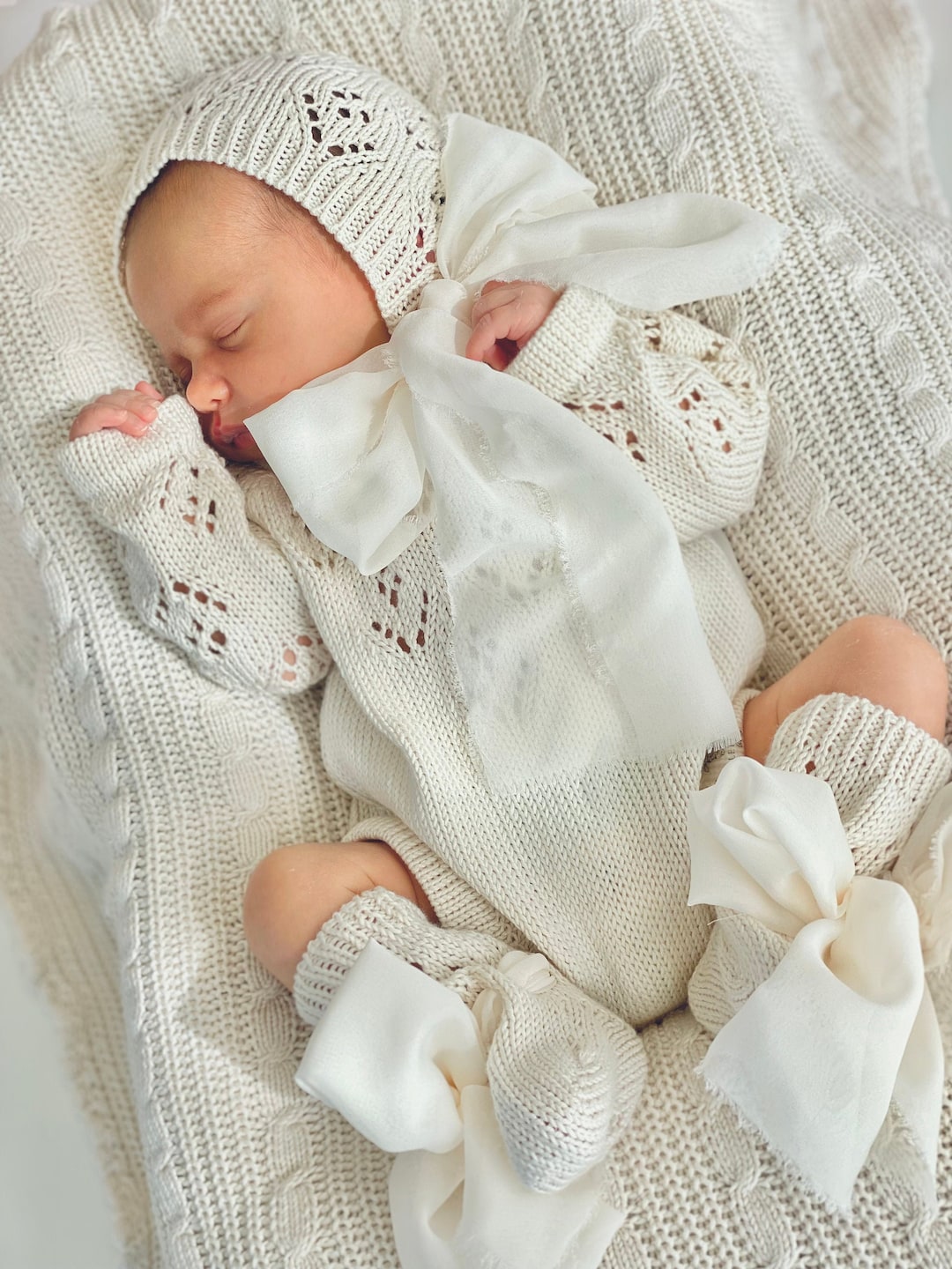 Girls Jacquard Ruffled Knit Romper & Bonnet