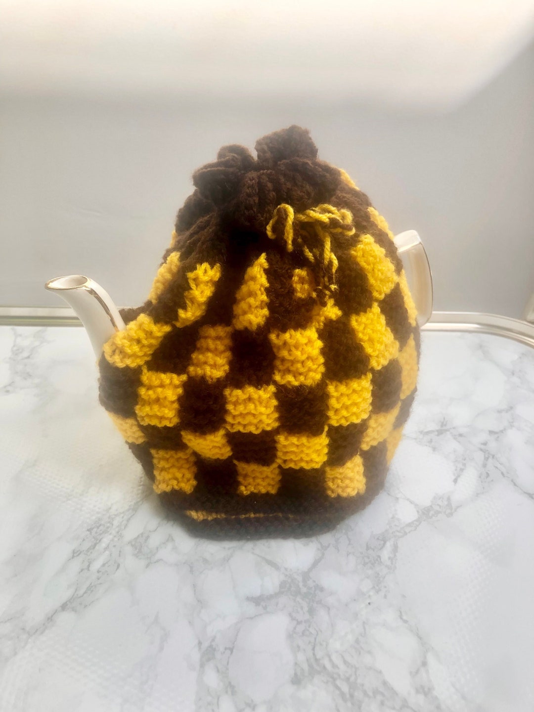 Hand Knitted Teapot Cosy Chequered Pattern Vintage Style Etsy