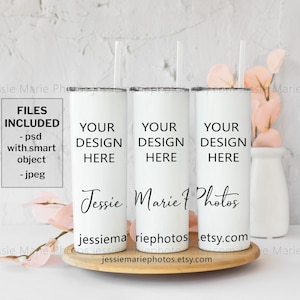 20oz skinny tumbler mockup full wrap skinny tumbler mock up photo psd with smart object, front and back sides white 3 skinny tumbler st001