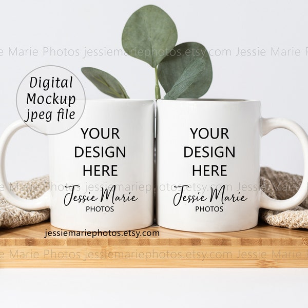 White double mug mockup 11oz pair, blank two mugs mock up, greenery front and back coffee mug photos, natural two cups stock photo mug013