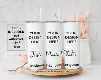 20oz skinny tumbler mockup full wrap skinny tumbler mock up photo psd with smart object, front and back sides white 3 skinny tumbler st001