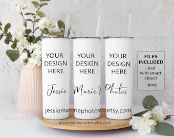 20oz skinny tumbler mockup full wrap skinny tumbler mock up photo psd with smart object, front and back sides white 3 skinny tumbler st001