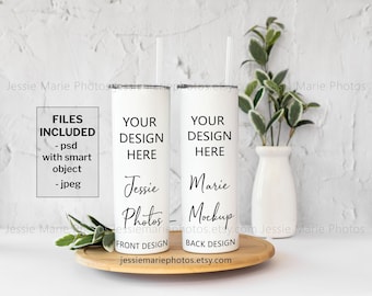 20oz skinny tumbler mockup front and back skinny tumbler mock up photo psd with smart object, white 2 skinny tumbler mockup leafy leafst001