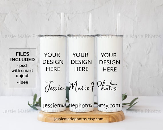 20oz skinny tumbler mockup full wrap skinny tumbler mock up photo psd with smart object, front and back sides white 3 leaf greenery st001