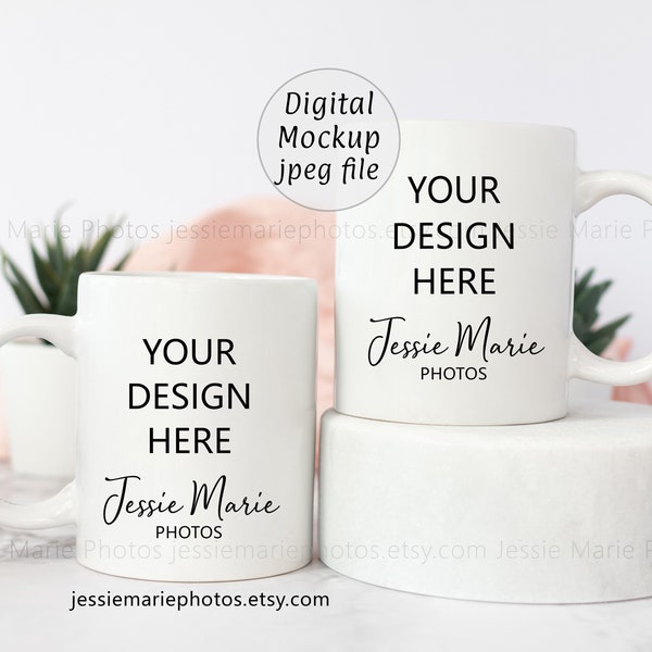Marble double mug mockup 11oz pair, blank two mugs mock up pink feminine front and back coffee mug photos, white two cups stock photo mug014