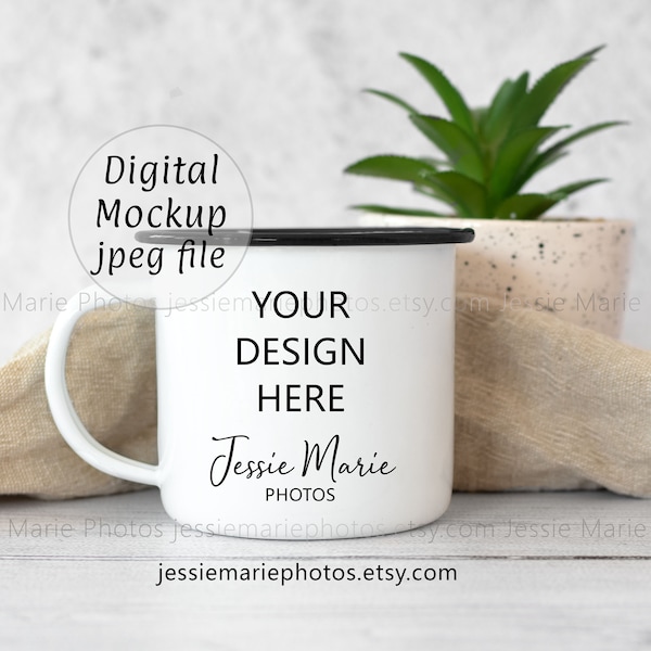 Enamel mug mockup photo, camping mug mock up, enamel cup black rim mockup photography, white camp cup mock up stock photo emug001