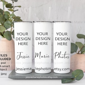 20oz skinny tumbler mockup full wrap skinny tumbler mock up photo psd with smart object, front and back sides white 3 skinny tumbler st001