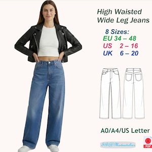 Hoch taillierte Jeans mit weitem Bein Muster | Damen Denim Hose Schnittmuster PDF | Hose mit geradem Bein | DIY Jeans in 8 Größen (PDF mit Ebenen)