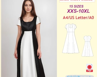 Cottagecore Midi Dress Pattern: High Waist, Flared Skirt (XXS-10XL) (PDF Pattern)