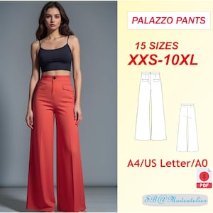 Puede incluir: Una mujer con un top corto negro y pantalones palazzo color coral. La imagen incluye un diagrama de los pantalones y el texto "PALAZZO PANTS", "15 SIZES XXS-10XL" y "A4/US Letter/A0".
