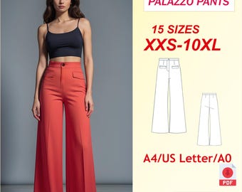 Puede incluir: Una mujer con un top corto negro y pantalones palazzo color coral. La imagen incluye un diagrama de los pantalones y el texto "PALAZZO PANTS", "15 SIZES XXS-10XL" y "A4/US Letter/A0".