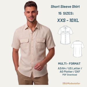 May include: A beige short sleeve button-down shirt with two chest pockets. Text reads: Short Sleeve Shirt, 15 SIZES: XXS - 10XL, MULTI - FORMAT, A3/A4 / US Letter / A0 Plotter / DXF, PDF Download, SB@Modeatelier. Includes front and back line drawings.