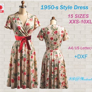 May include: A vintage-style dress with a floral pattern, displayed on a mannequin. The dress features a wrap-style bodice, a red and burgundy belt, and a full skirt. The text on the image reads "1950-s Style Dress" and "15 SIZES XXS-10XL".