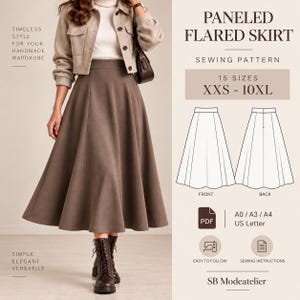May include: A sewing pattern for a paneled flared skirt, featuring text PANELED FLARED SKIRT, 15 SIZES XXS-10XL, PDF, A0/A3/A4, US Letter, and line drawings of the front and back of the skirt. The image shows a brown skirt worn with a beige jacket.